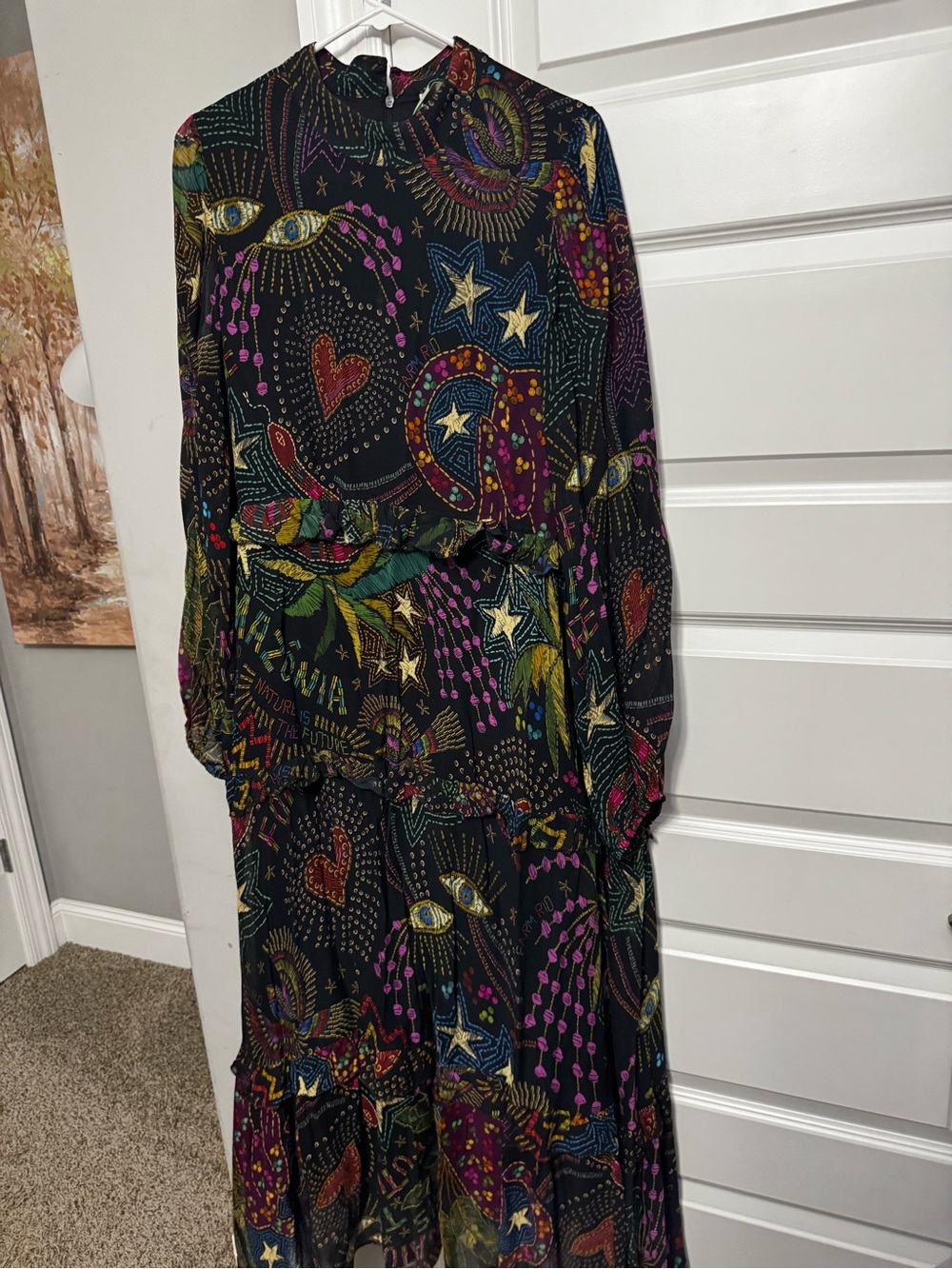 FARM Rio Black Maxi Dress with Multicolor Celestial & Heart Motif